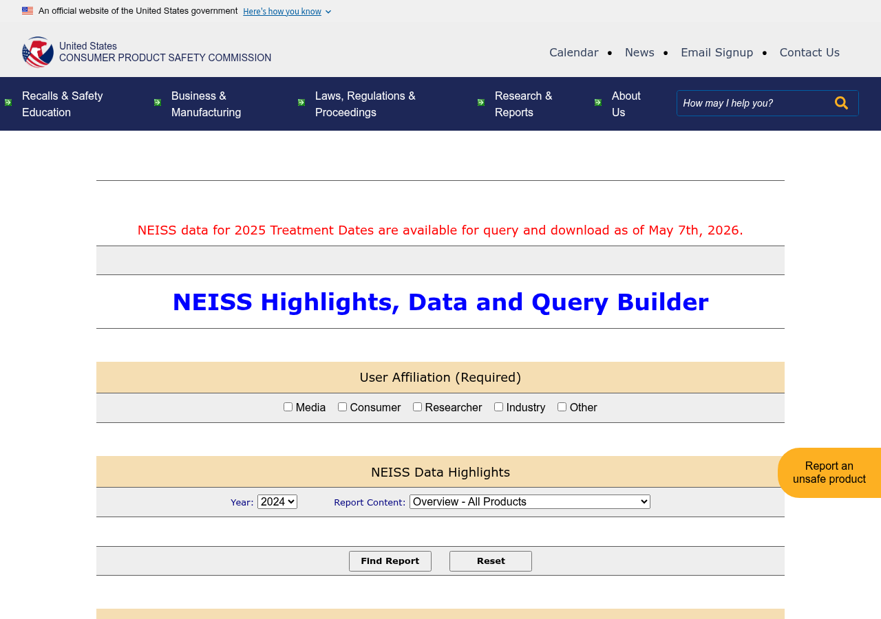 CPSC National Electronic Injury Surveillance System on-line query system