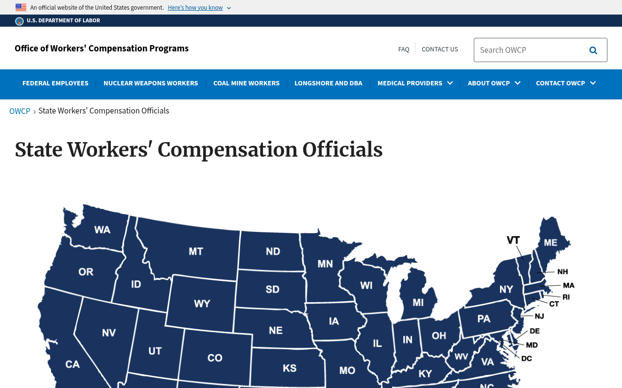 U.S. Department of Labor Office of Workers Compensation Programs page listing every state and territory workers compensation authority