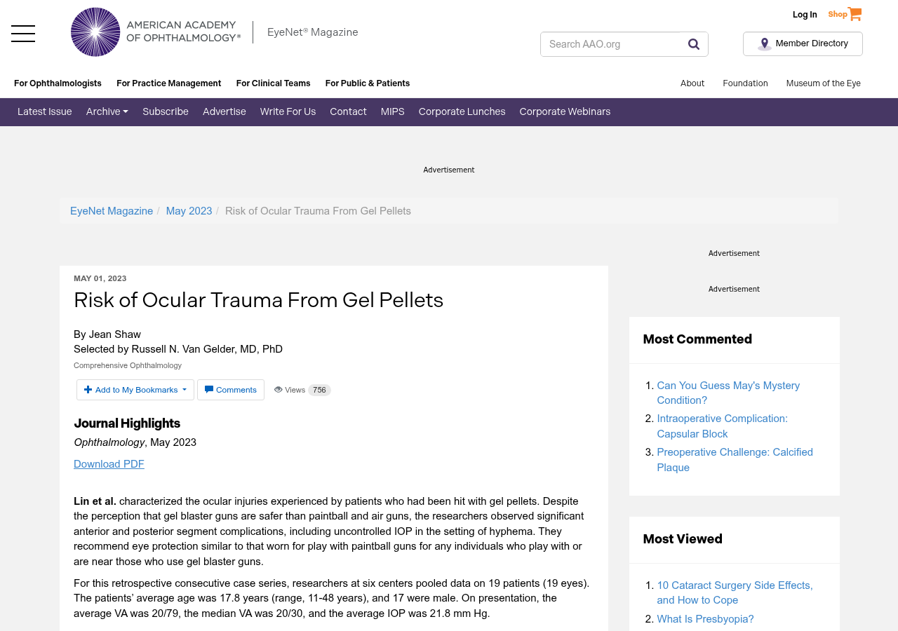 American Academy of Ophthalmology EyeNet article on the risk of ocular trauma from gel pellets