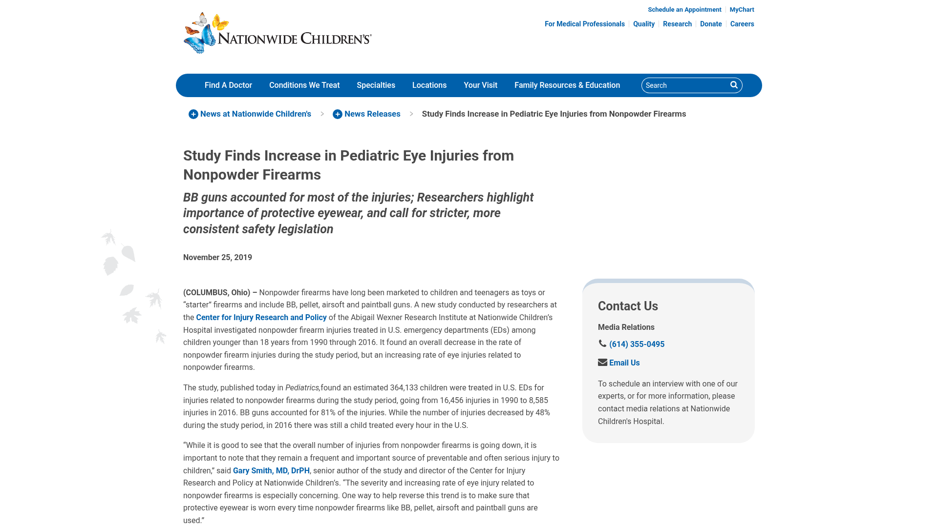 Nationwide Children's study: increase in pediatric eye injuries from nonpowder firearms including airsoft