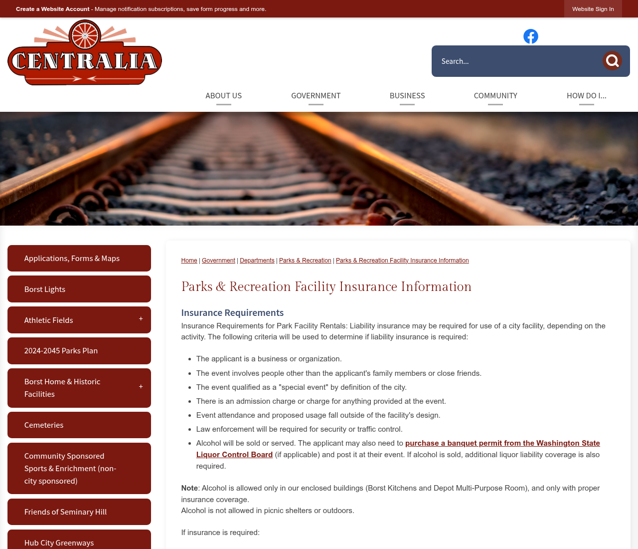 City of Centralia Parks and Recreation facility insurance requirements page listing the $1,000,000 liability minimum and additional insured language