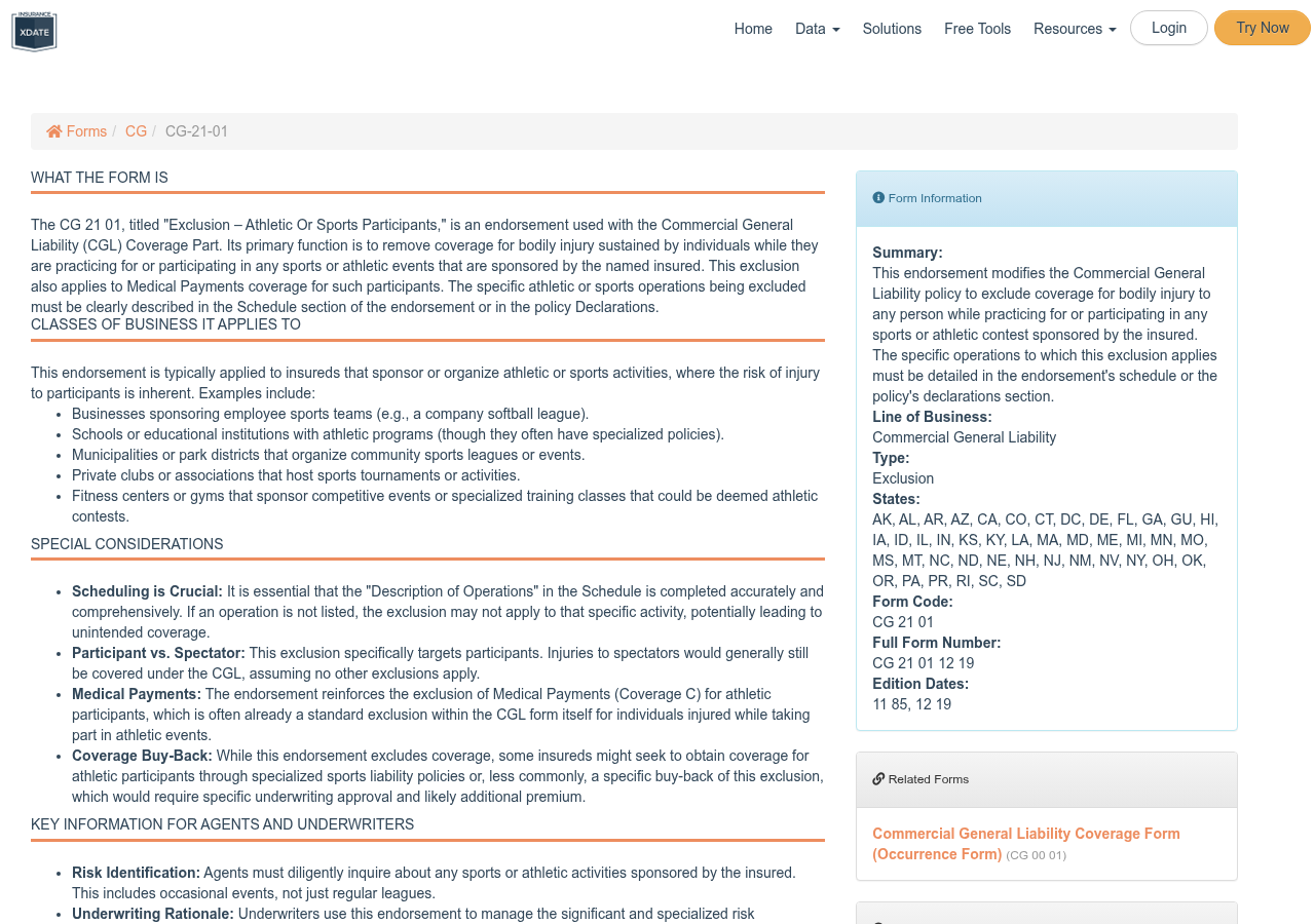 ISO CG 21 01 endorsement excluding athletic and sports participants