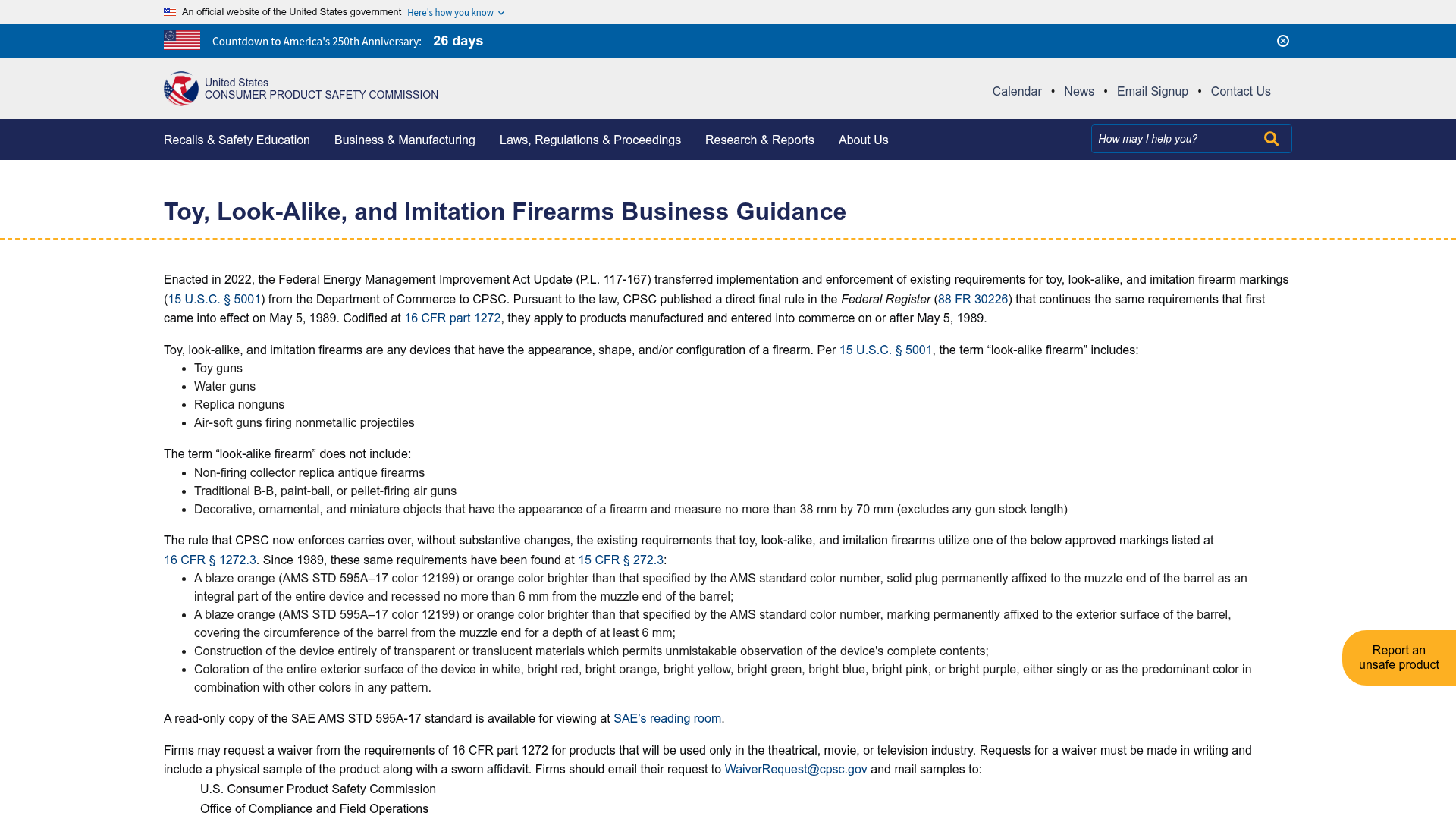 CPSC Toy, Look-Alike, and Imitation Firearms Business Guidance page