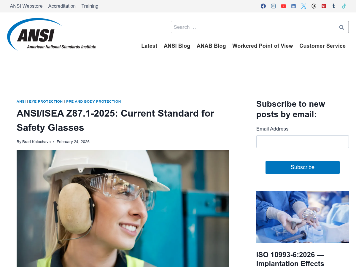 ANSI ISEA Z87.1 2025 safety eyewear impact standard page