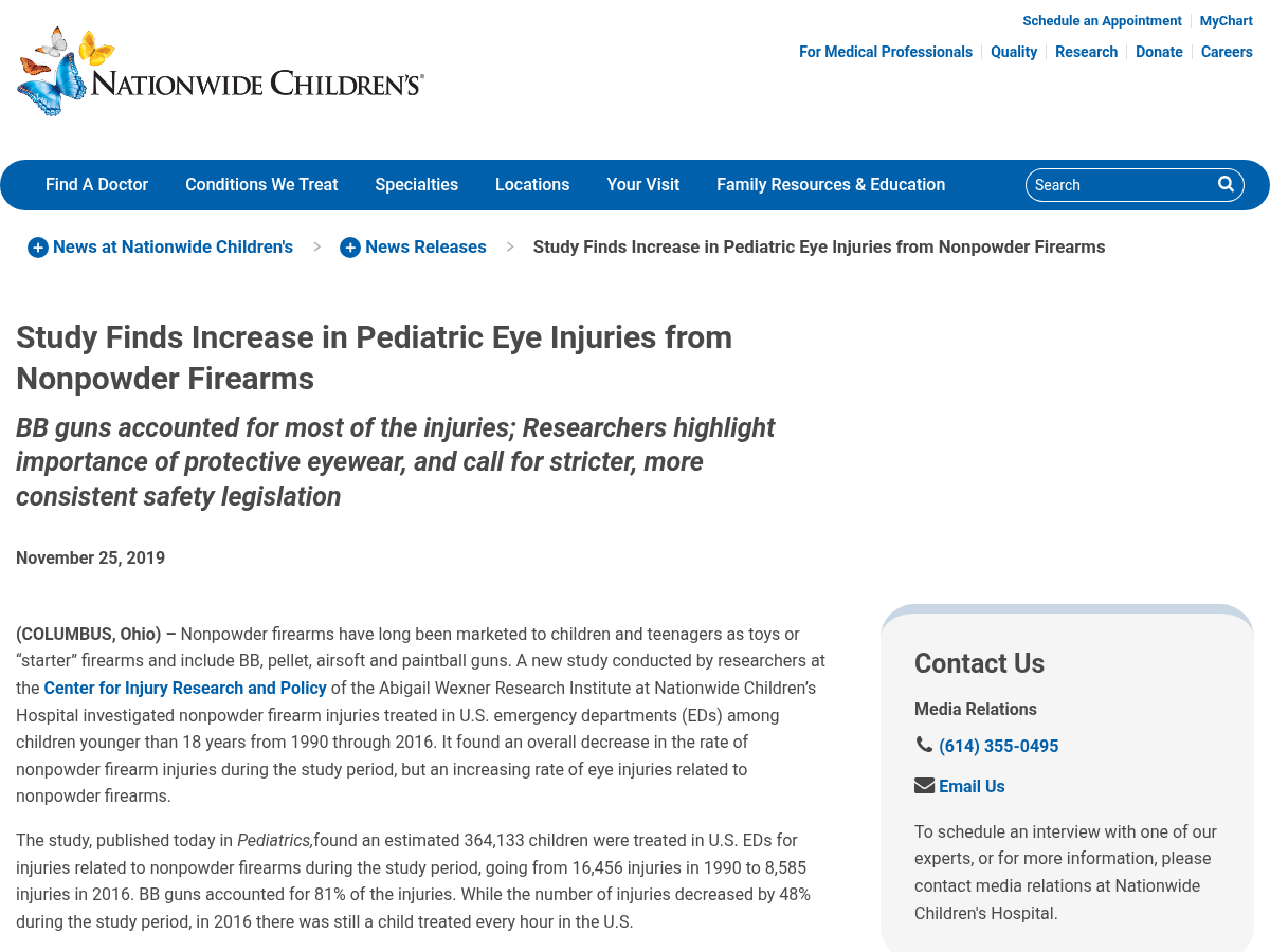 Nationwide Children's Hospital study on rising pediatric eye injuries from nonpowder firearms including airsoft