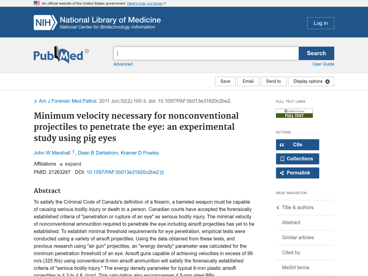 Forensic study on the minimum airsoft BB velocity needed to penetrate the eye