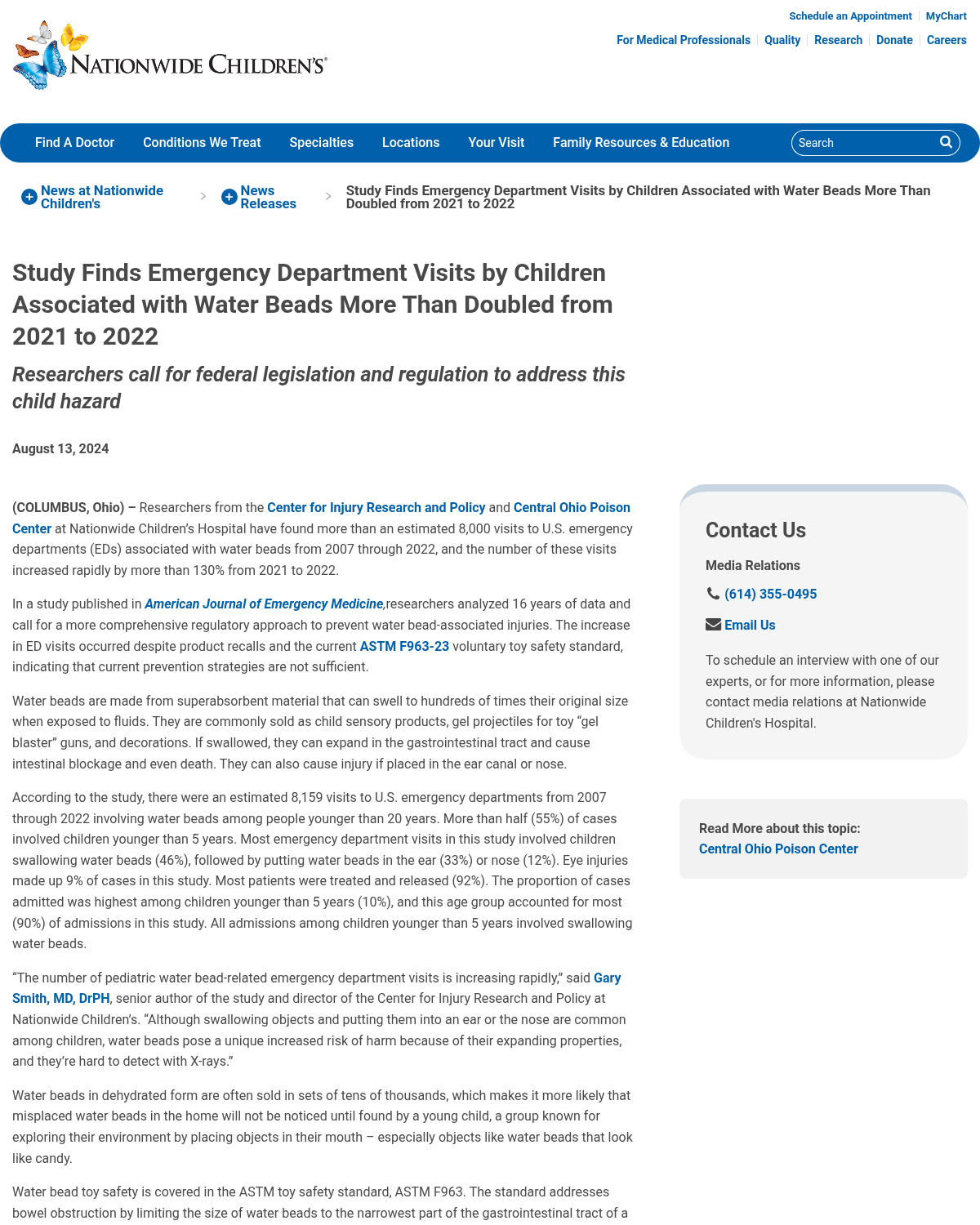 Nationwide Children's Hospital study: childrens emergency department visits associated with water beads more than doubled from 2021 to 2022