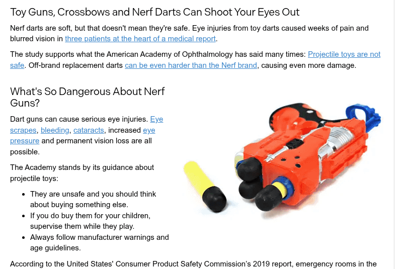 American Academy of Ophthalmology warning that Nerf darts are soft but not safe, listing possible eye injuries