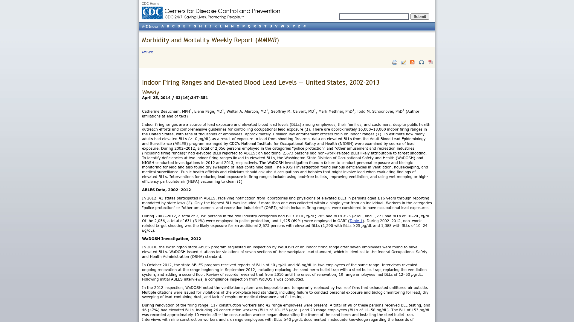 CDC Morbidity and Mortality Weekly Report page on indoor firing ranges and elevated blood lead levels in the United States, 2002 to 2013