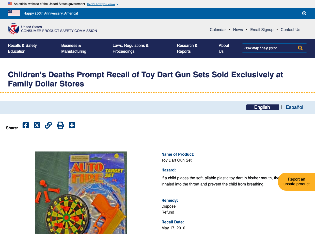CPSC recall notice: Children's Deaths Prompt Recall of Toy Dart Gun Sets Sold Exclusively at Family Dollar Stores
