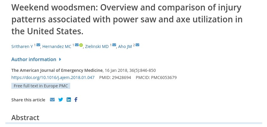 Europe PMC record for the peer-reviewed NEISS study on power saw and axe injury patterns in the United States, 2006 to 2016