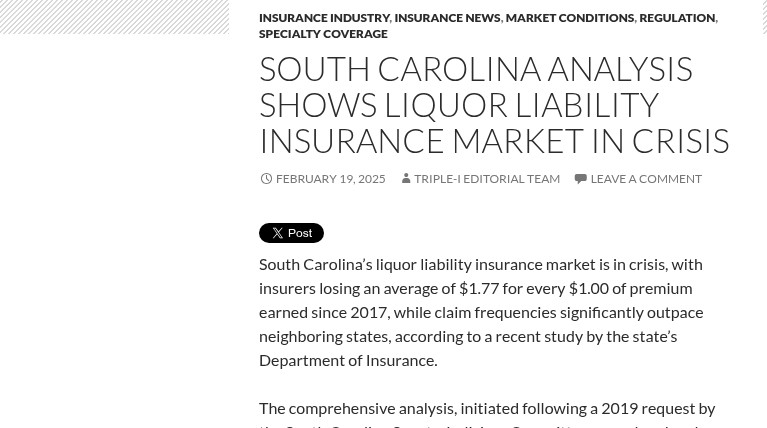 Insurance Information Institute blog analysis titled South Carolina Analysis Shows Liquor Liability Insurance Market in Crisis, noting insurers losing 1.77 dollars for every dollar of premium earned