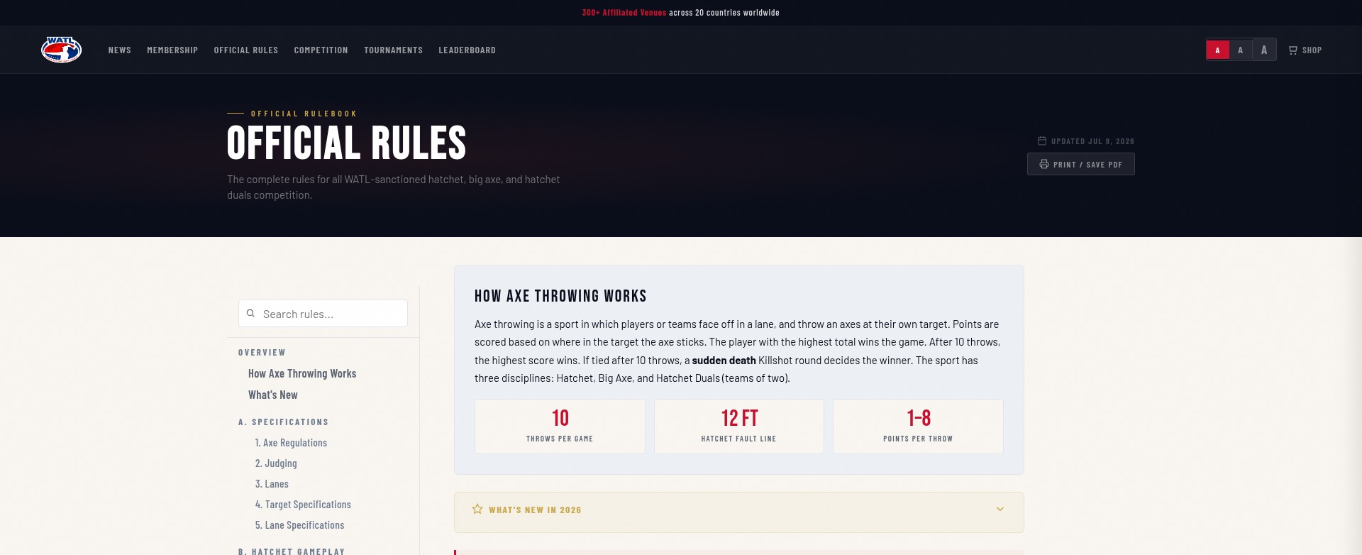 World Axe Throwing League Official Rules page showing the 12 foot hatchet fault line and axe throwing lane safety specifications