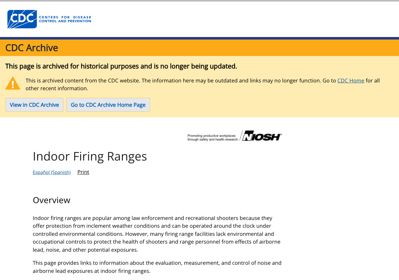 CDC and NIOSH overview page on indoor firing ranges and airborne lead, noise, and other exposures