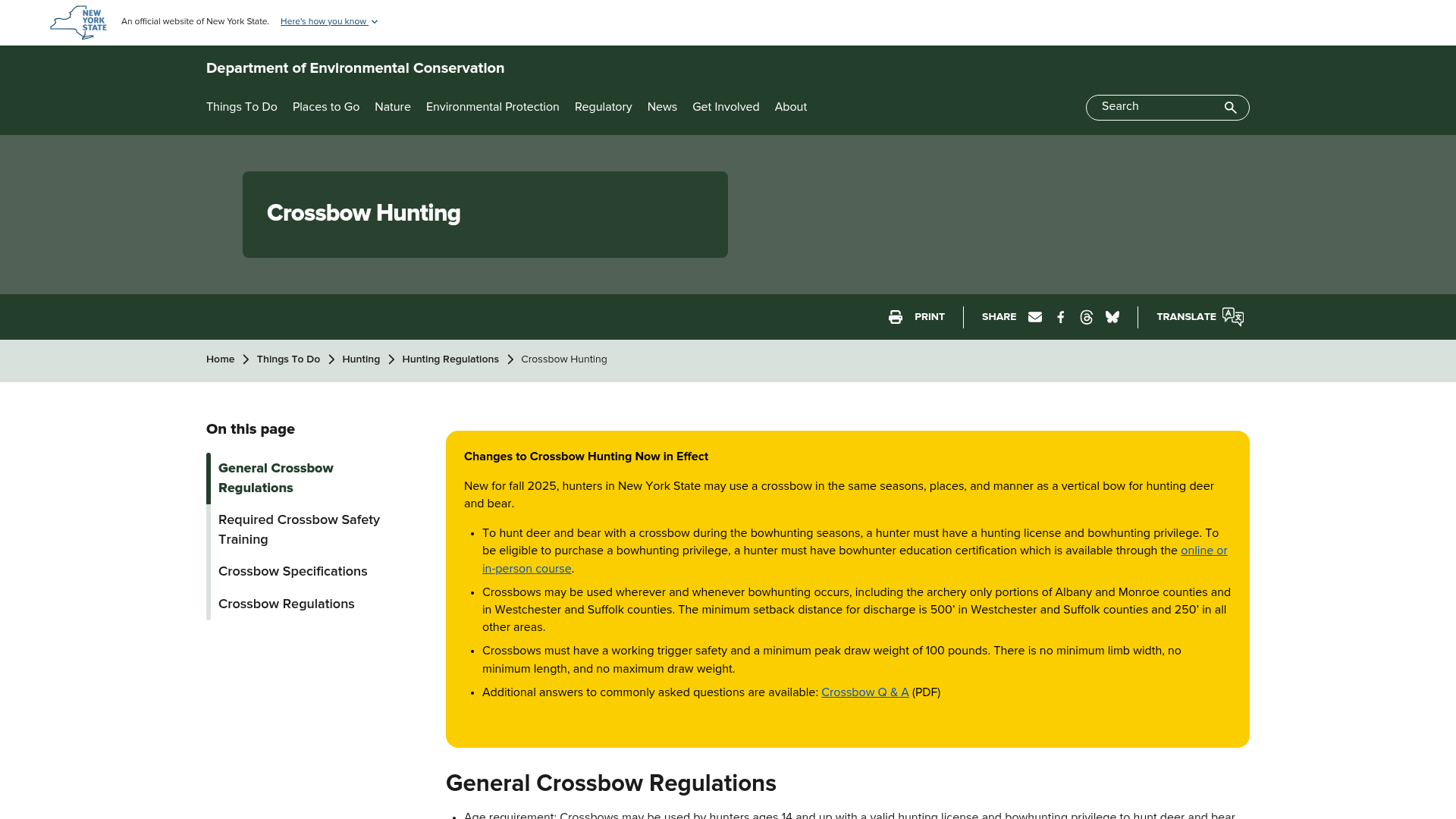 New York State DEC crossbow hunting regulations page listing a minimum peak draw weight of 100 pounds and a working trigger safety