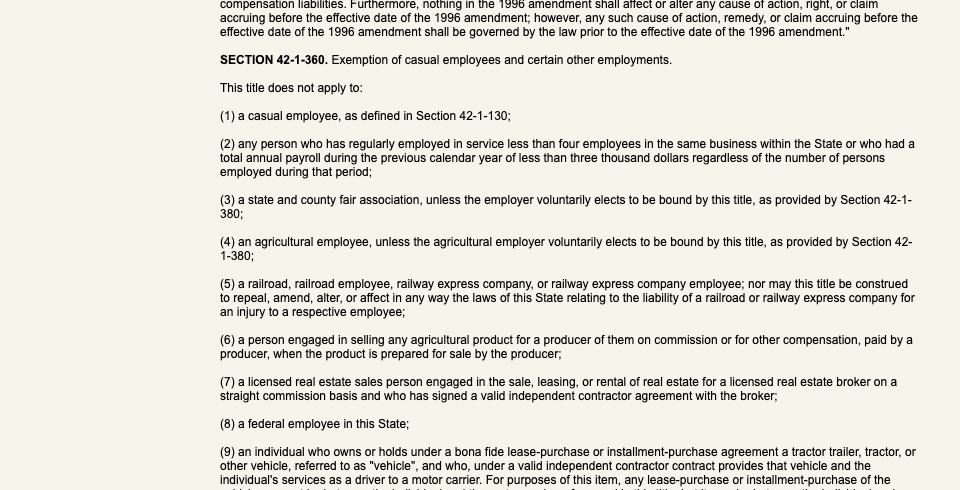 S.C. Code Section 42-1-360 on scstatehouse.gov, exemption for employers with fewer than four employees