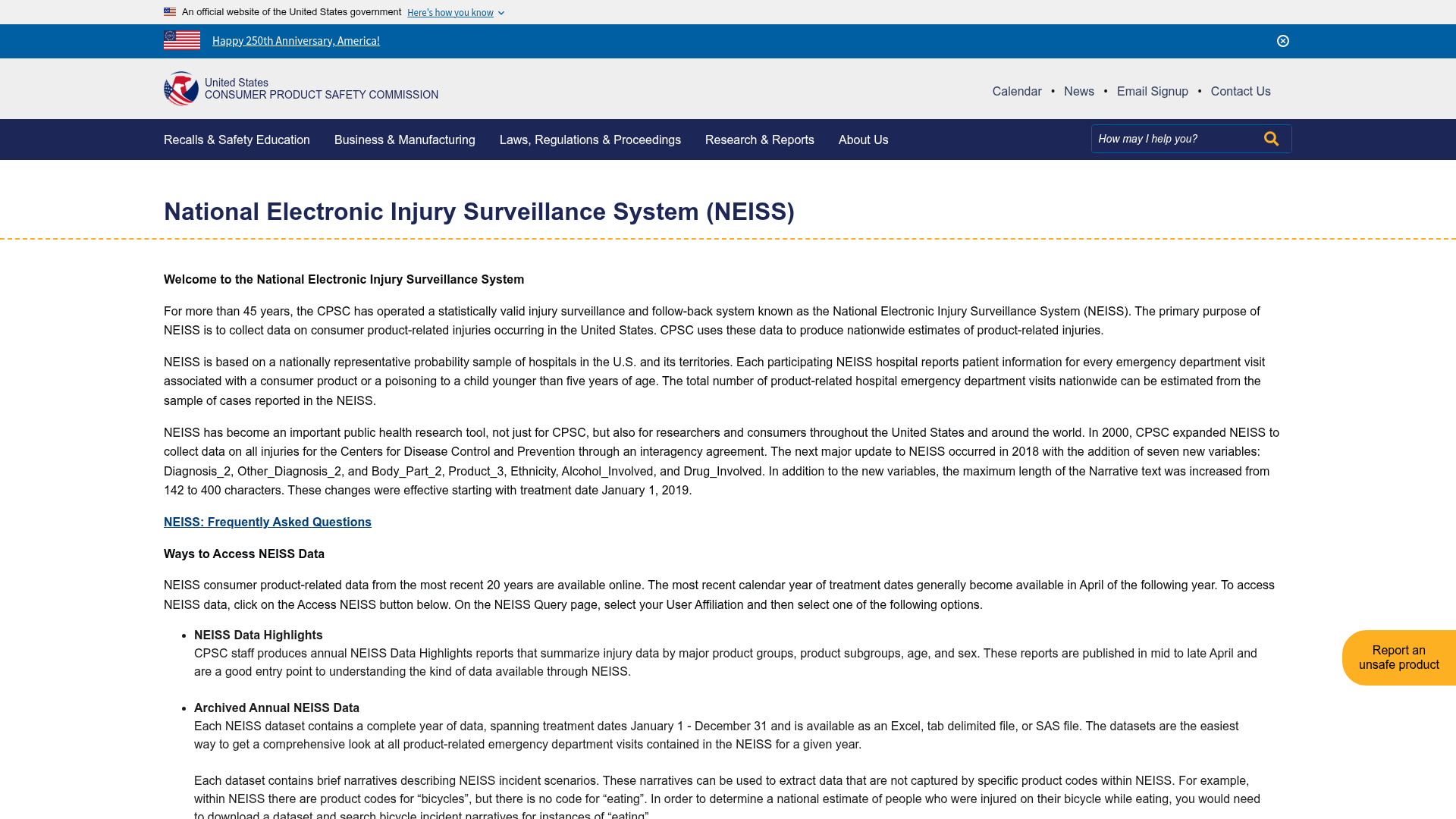U.S. Consumer Product Safety Commission National Electronic Injury Surveillance System NEISS injury data page, the federal source behind archery injury estimates