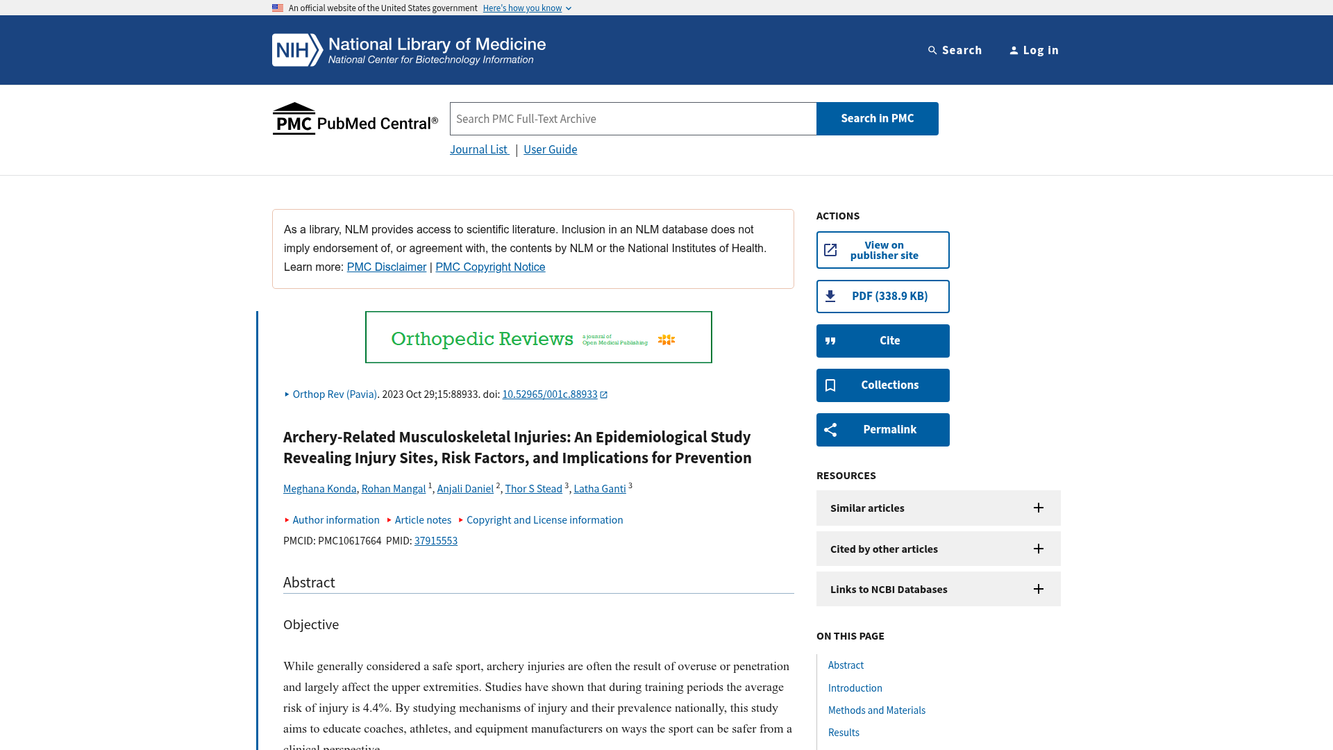 PubMed Central page for the peer-reviewed NEISS study Archery-Related Musculoskeletal Injuries: An Epidemiological Study by Konda and colleagues, 2023