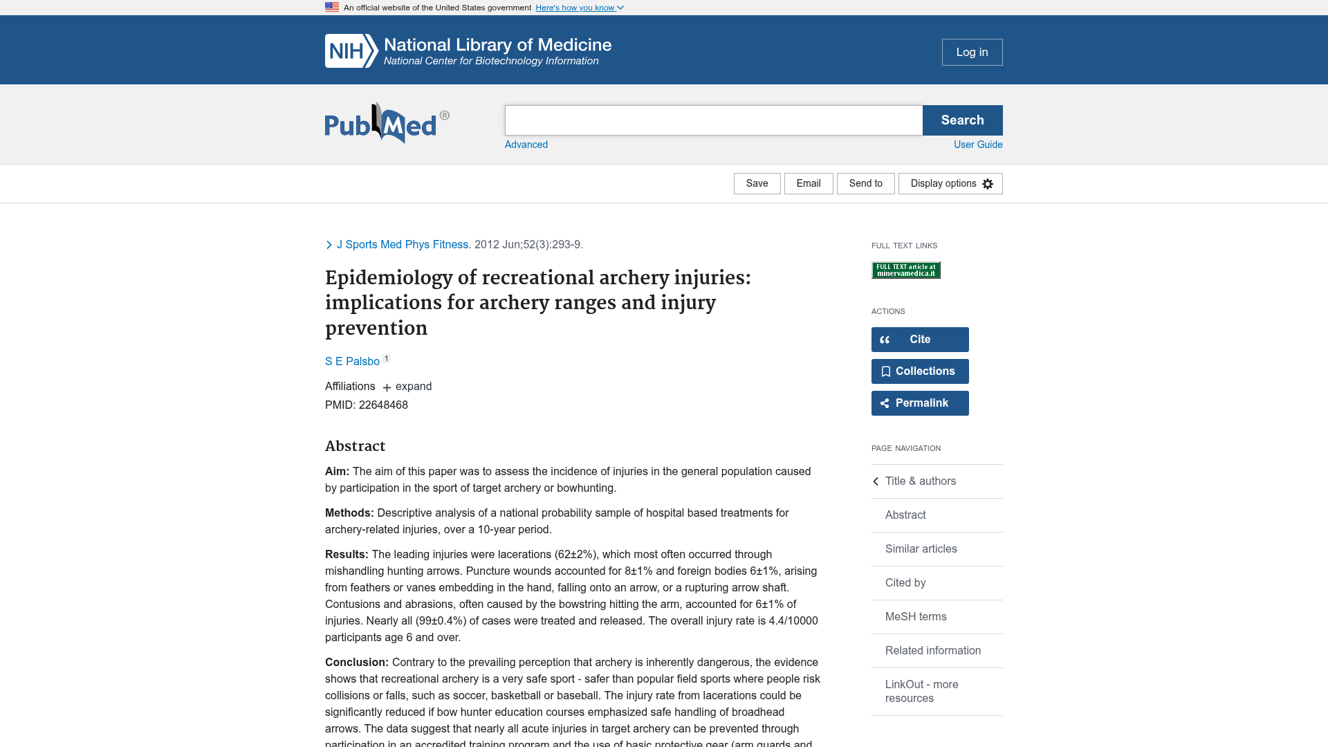 PubMed abstract for Epidemiology of recreational archery injuries by Palsbo, showing the 4.4 per 10,000 participant injury rate and the finding that recreational archery is a very safe sport