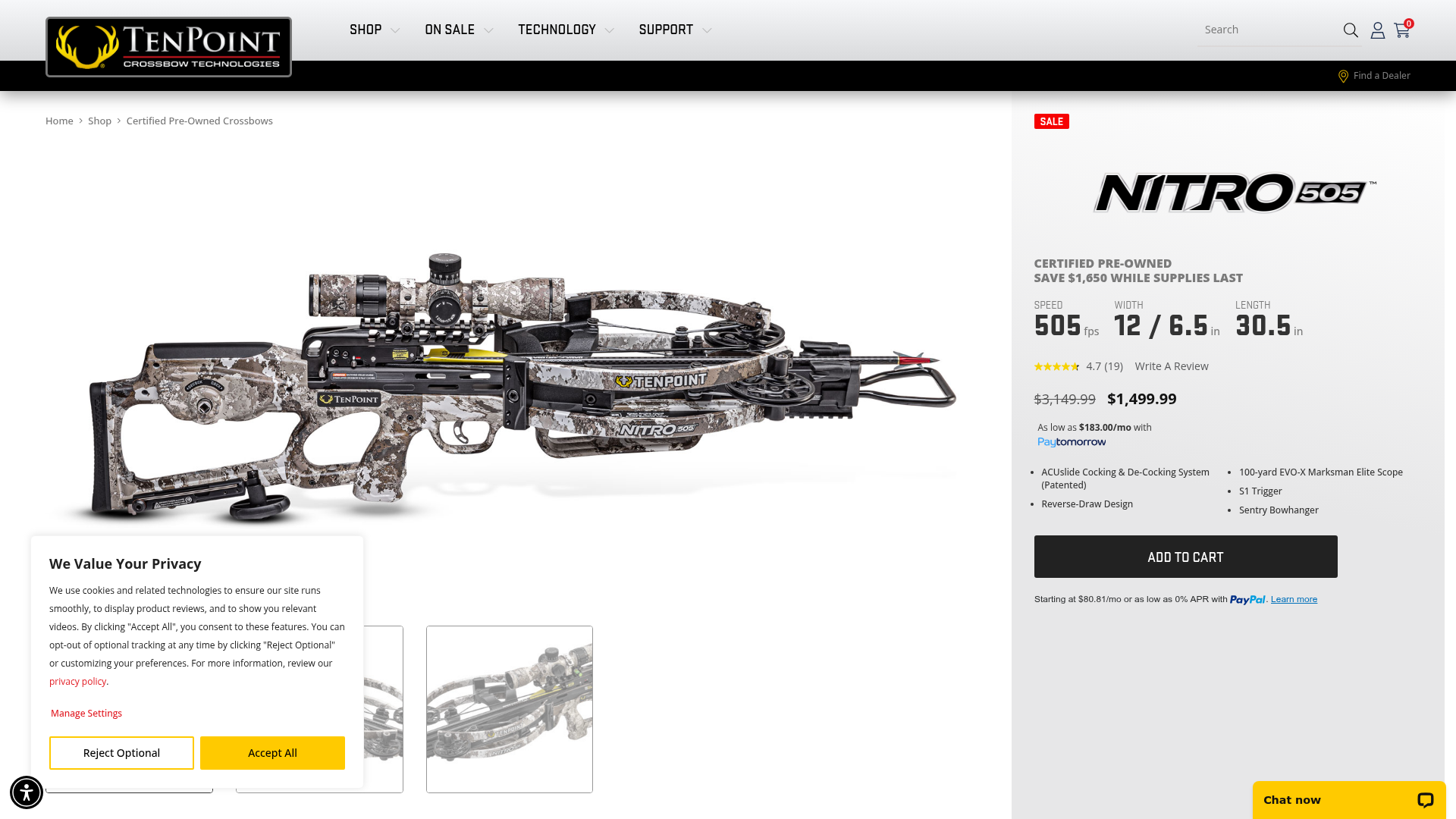 TenPoint Nitro 505 crossbow product page showing 505 fps speed and the ACUslide cocking system