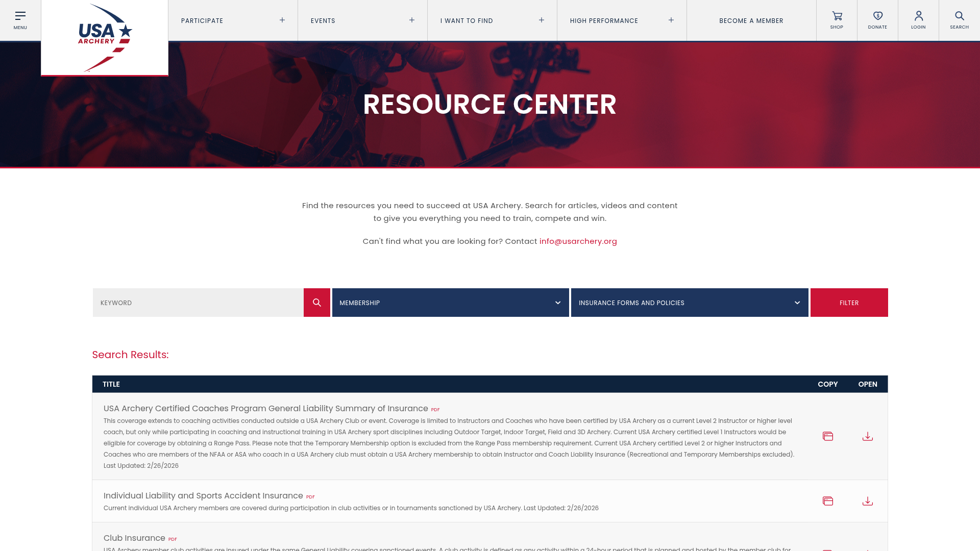 USA Archery Insurance Forms and Policies resource center listing the Club Insurance and General Liability summary documents