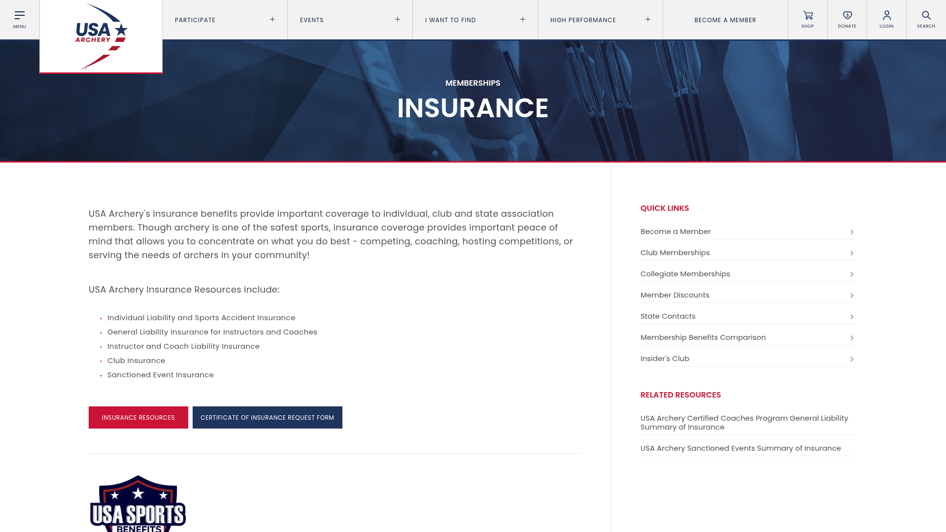 USA Archery Membership Insurance page listing the coverage types provided to members and clubs