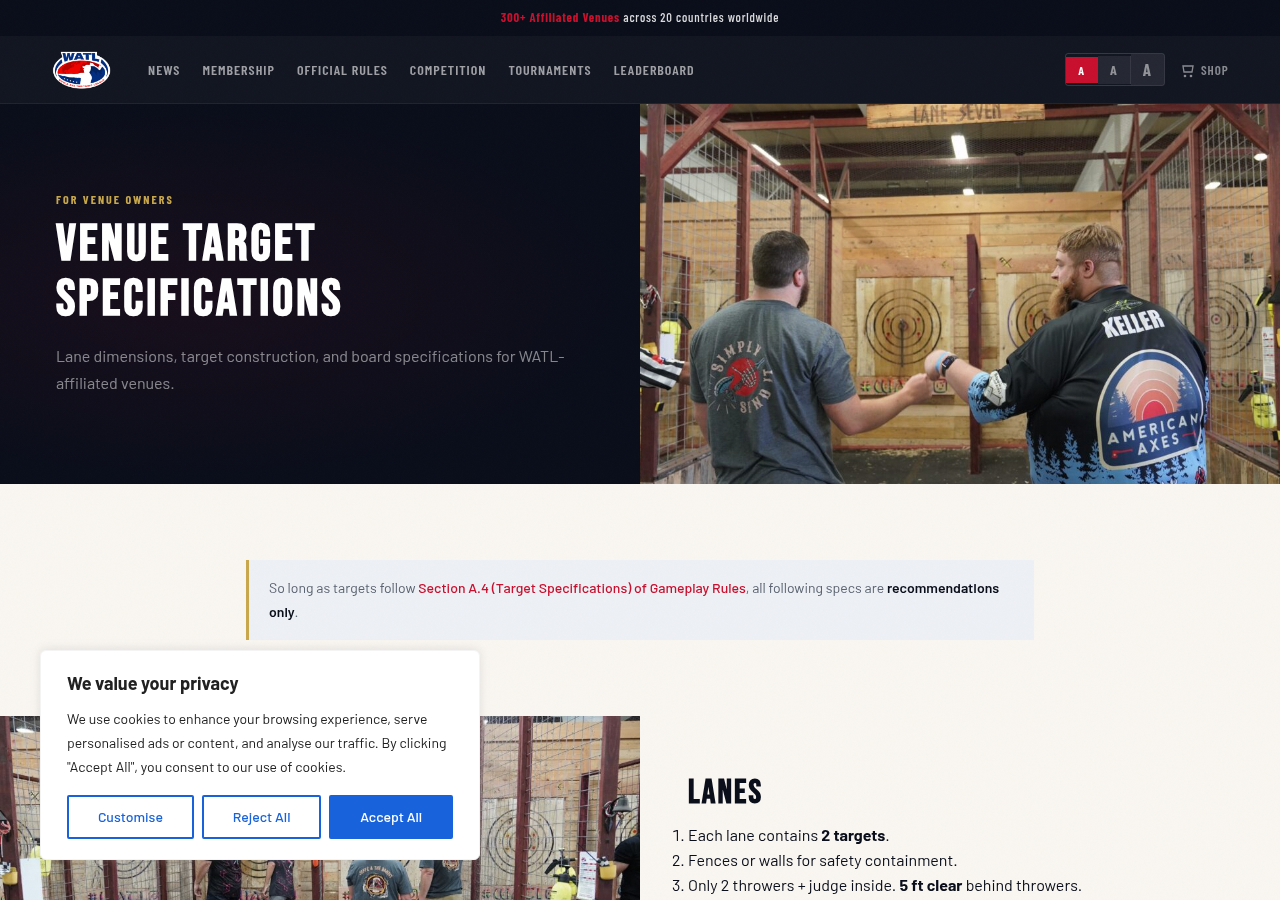 World Axe Throwing League Venue Target Specifications page listing lane safety standards including two targets per lane and fences or walls for containment