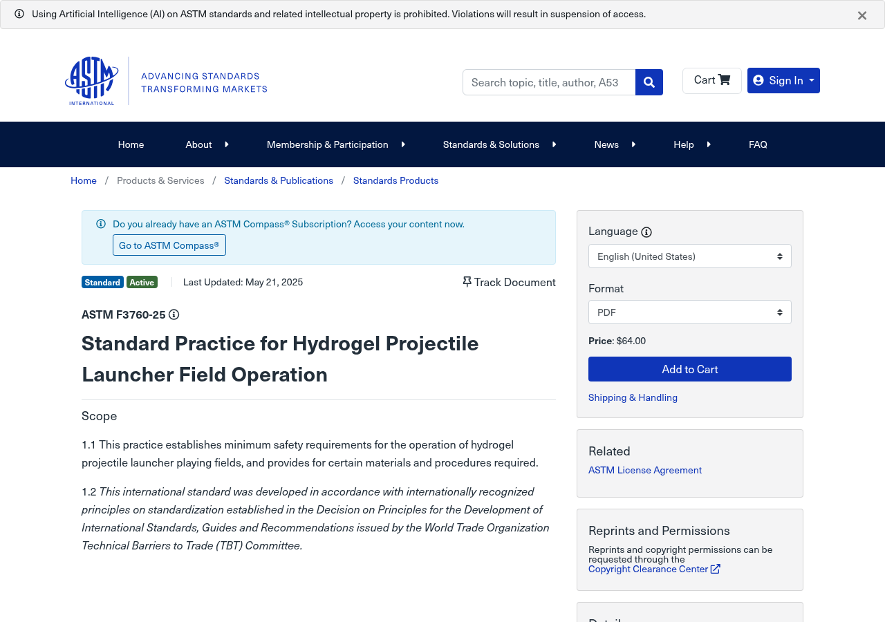 ASTM F3760-25 Standard Practice for Hydrogel Projectile Launcher Field Operation