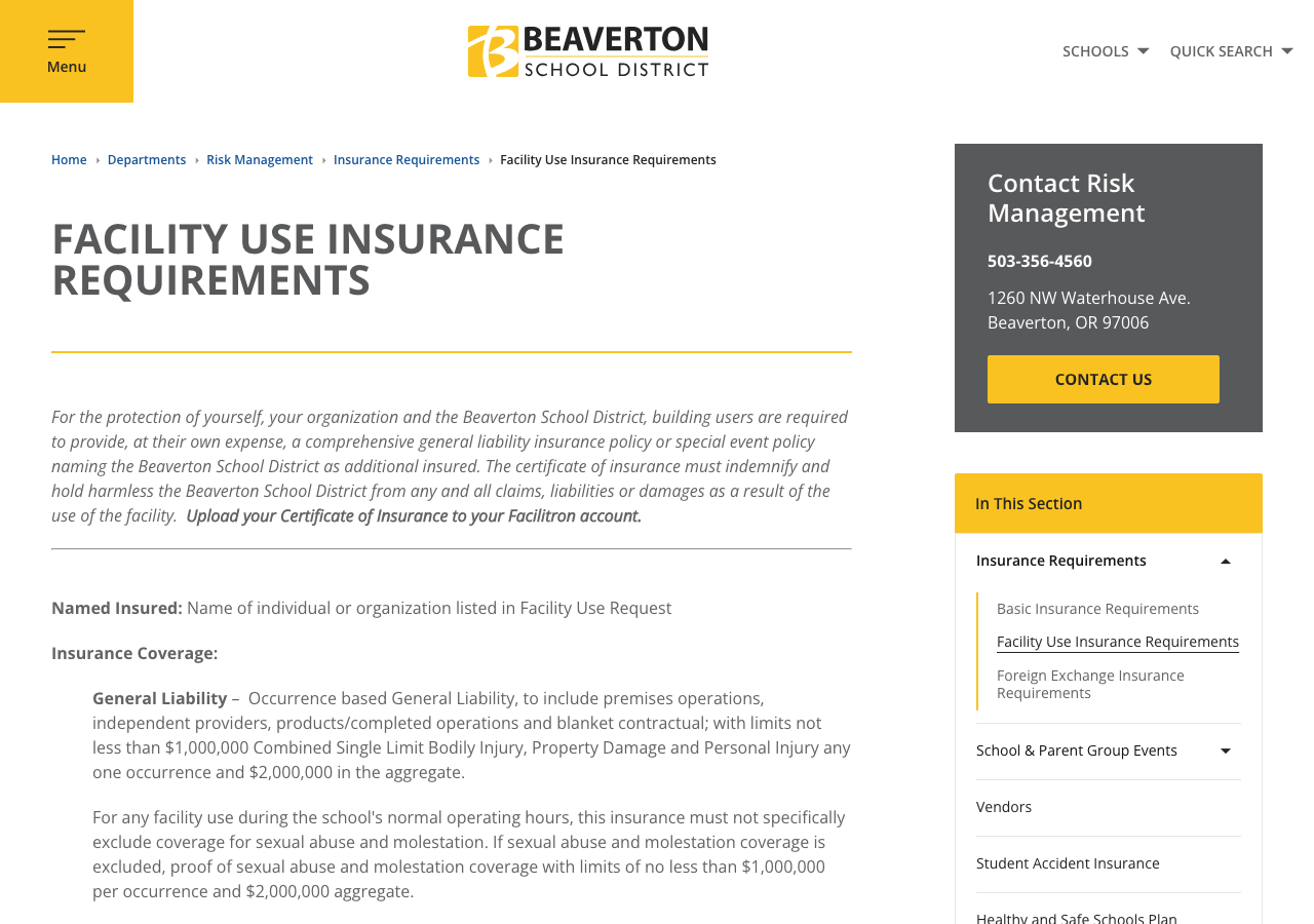 Beaverton School District facility use insurance requirements page showing general liability limits and the sexual abuse and molestation clause