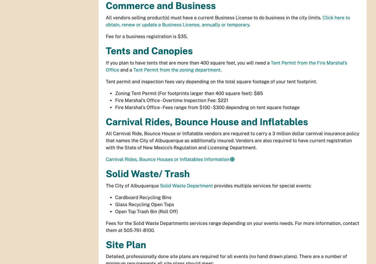 City of Albuquerque special event permitting page showing the carnival rides, bounce house and inflatables insurance requirement
