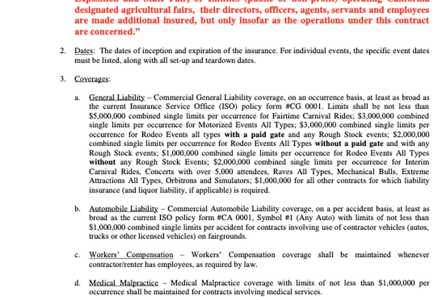 California Fair Services Authority Exhibit B insurance requirements, automobile liability clause