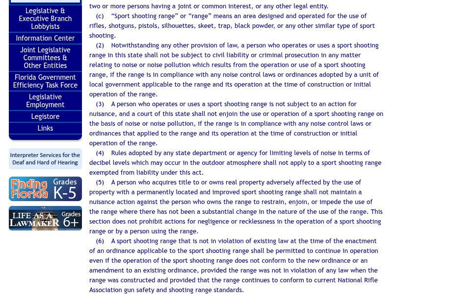 Florida Statute 823.16 showing the sport shooting range definition and the negligence carve-out