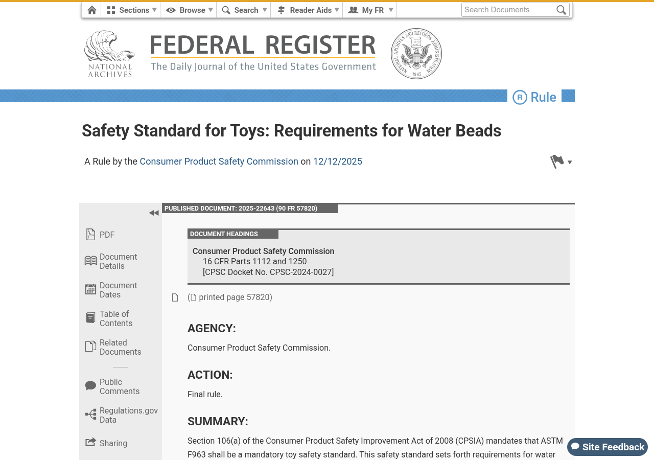 Federal Register page for the CPSC final rule Safety Standard for Toys: Requirements for Water Beads