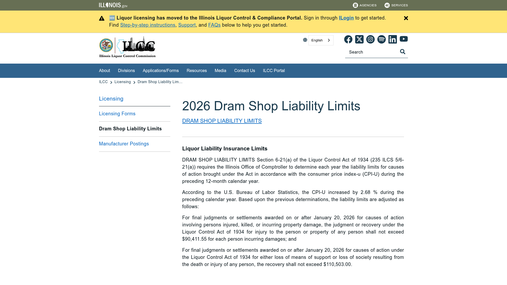 Illinois Liquor Control Commission 2026 Dram Shop Liability Limits page