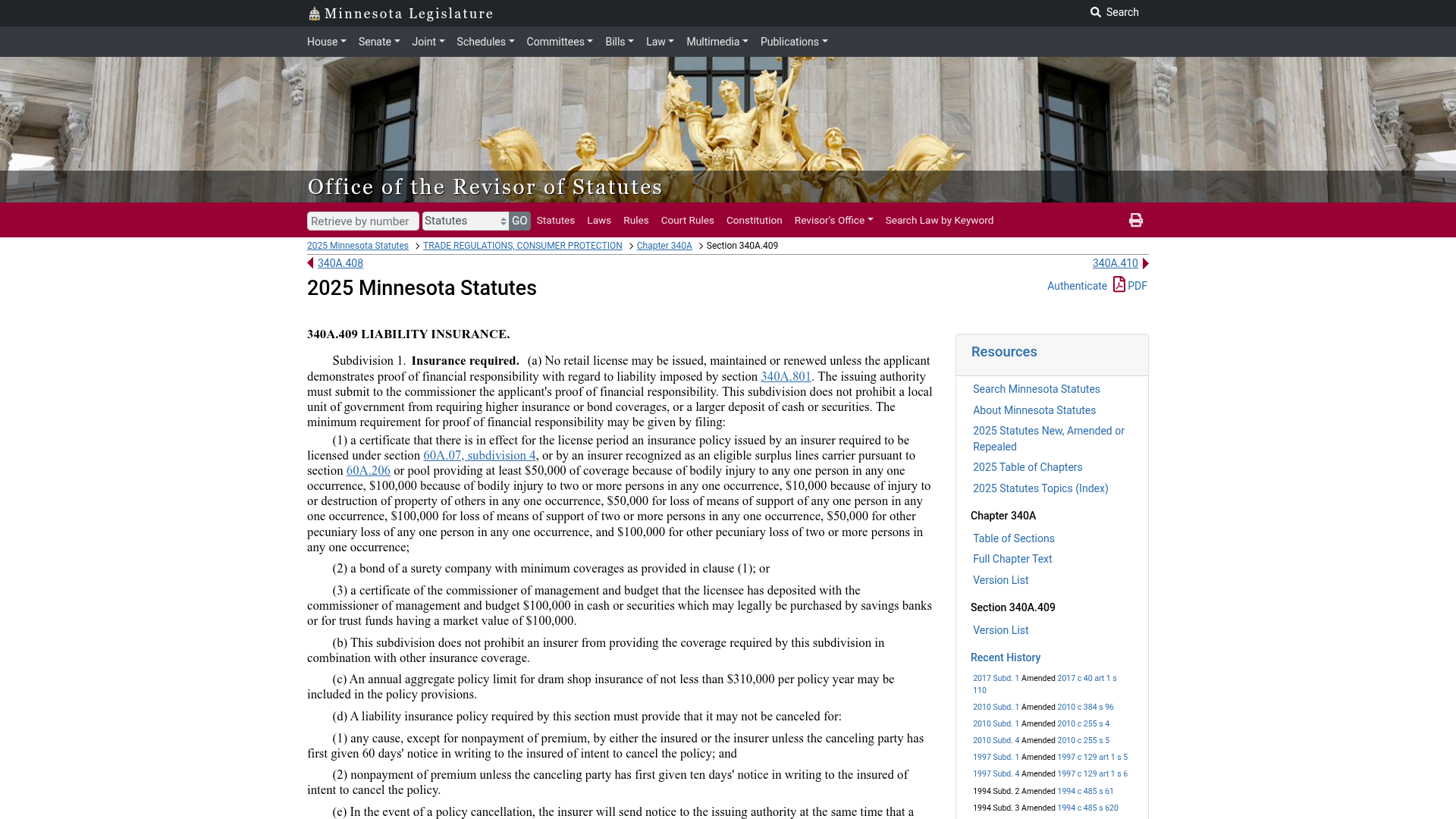 Minnesota Statutes 340A.409, liability insurance required for retail liquor license