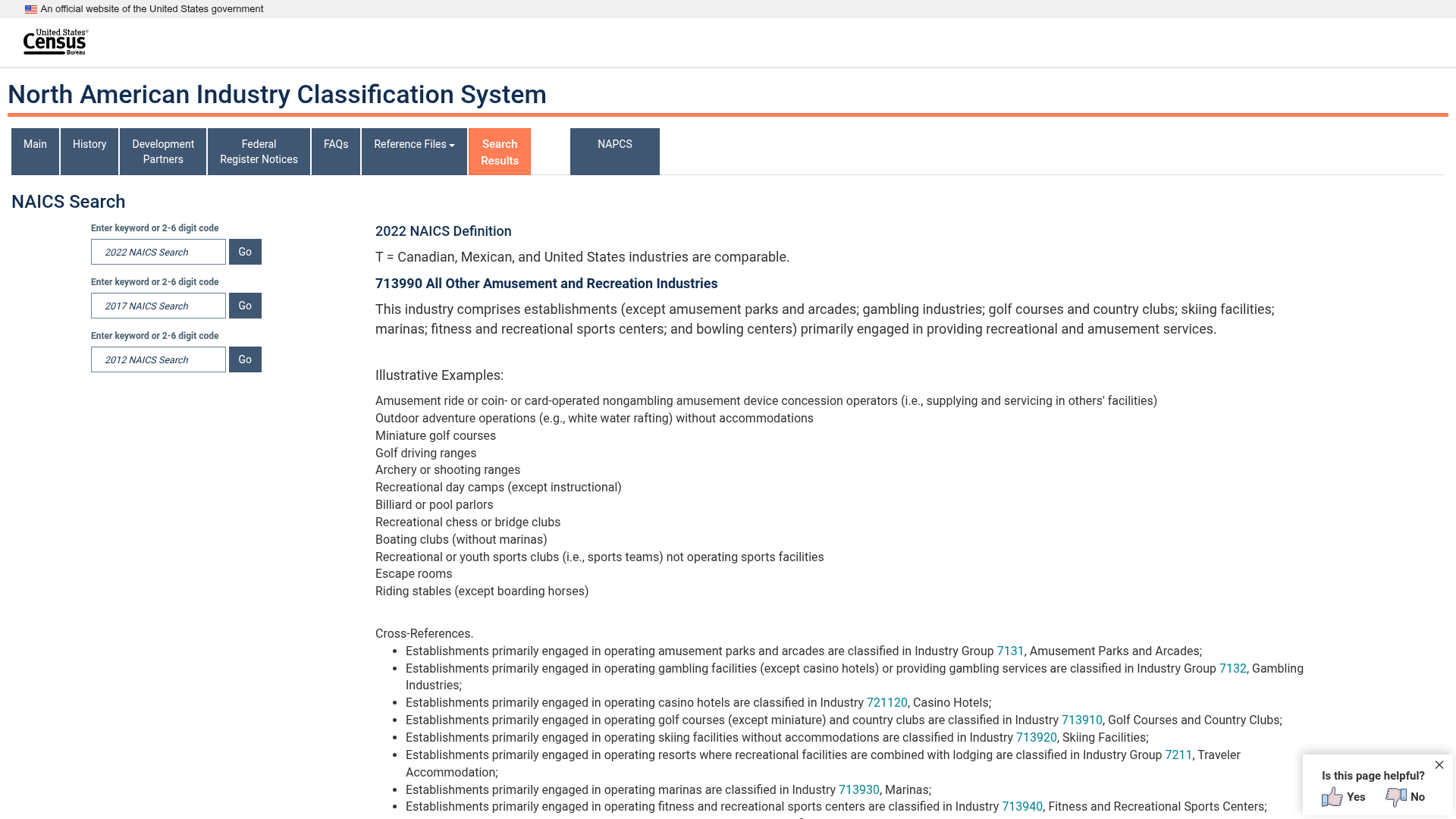 United States Census Bureau NAICS search result showing the 2022 definition of code 713990, All Other Amusement and Recreation Industries, with archery or shooting ranges listed among the illustrative examples.