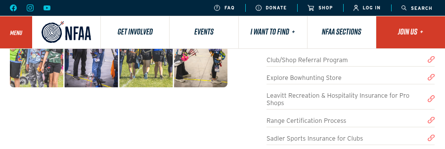 National Field Archery Association resources list showing insurance for pro shops and insurance for clubs as two separate providers