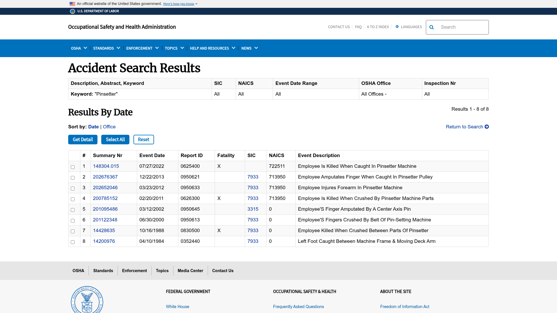 OSHA IMIS accident search results for the keyword Pinsetter, eight records with three fatalities