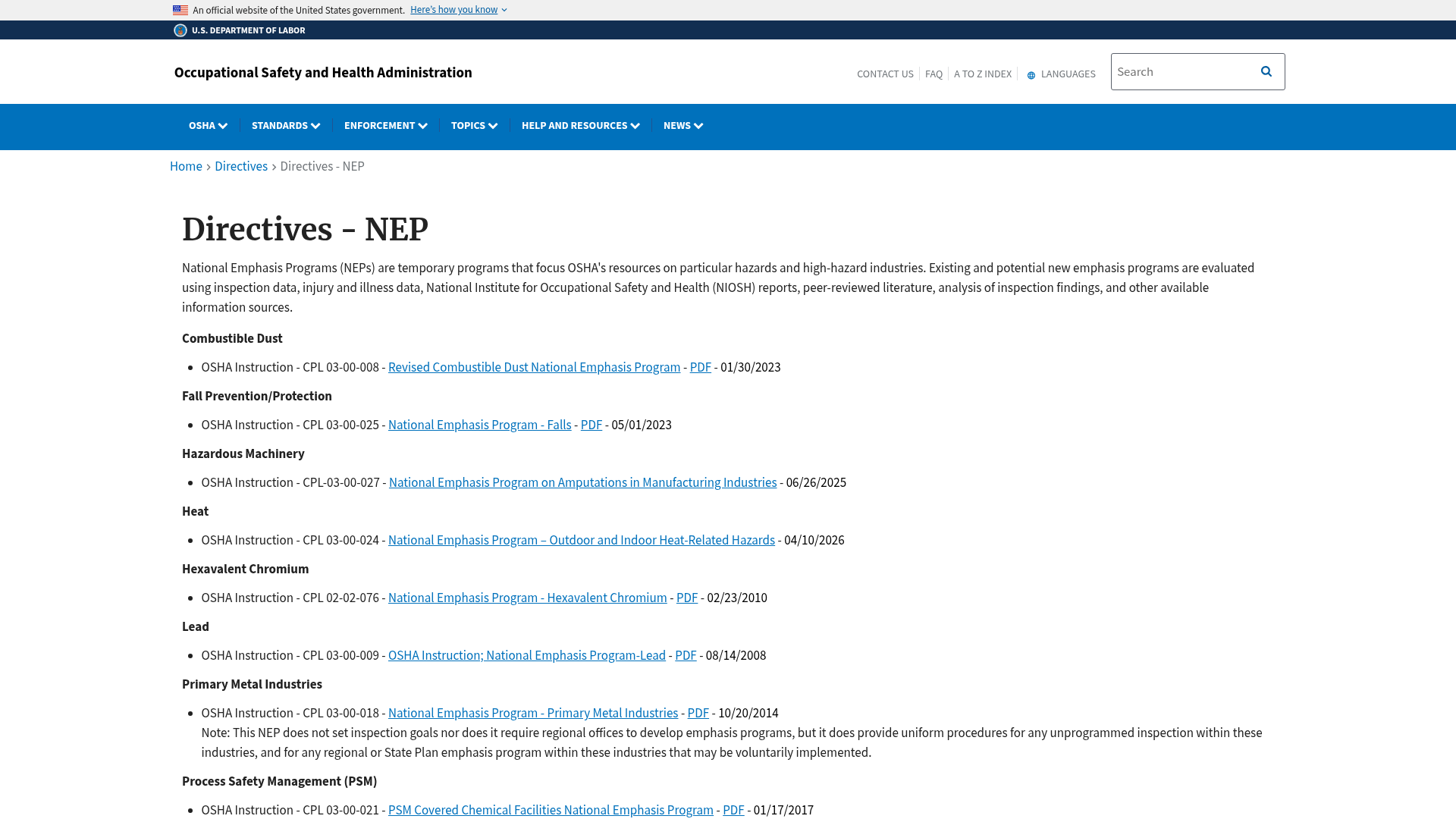 OSHA directives page listing current National Emphasis Programs, showing the Lead National Emphasis Program, OSHA Instruction CPL 03-00-009, dated 08/14/2008.