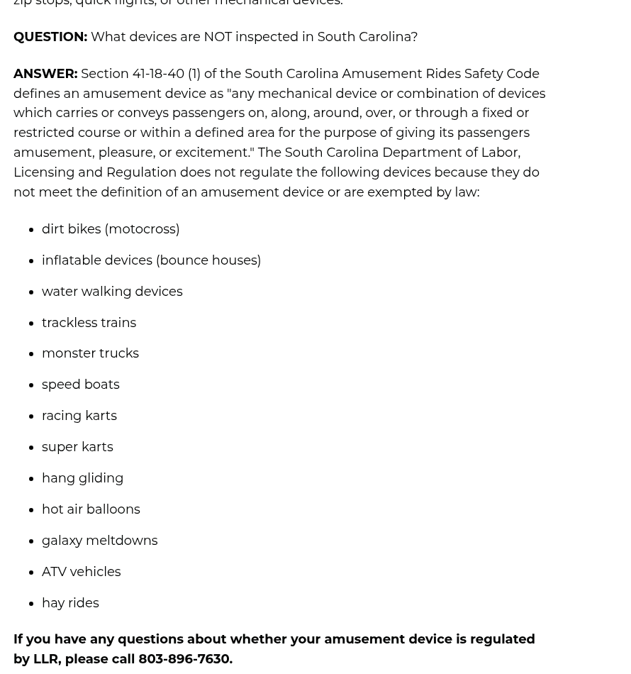 South Carolina Department of Labor, Licensing and Regulation amusement ride FAQ listing inflatable devices among equipment it does not regulate