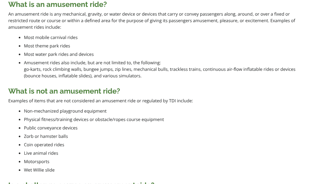 Texas Department of Insurance amusement ride FAQ listing continuous air-flow inflatable devices as regulated rides and obstacle course equipment as not a ride