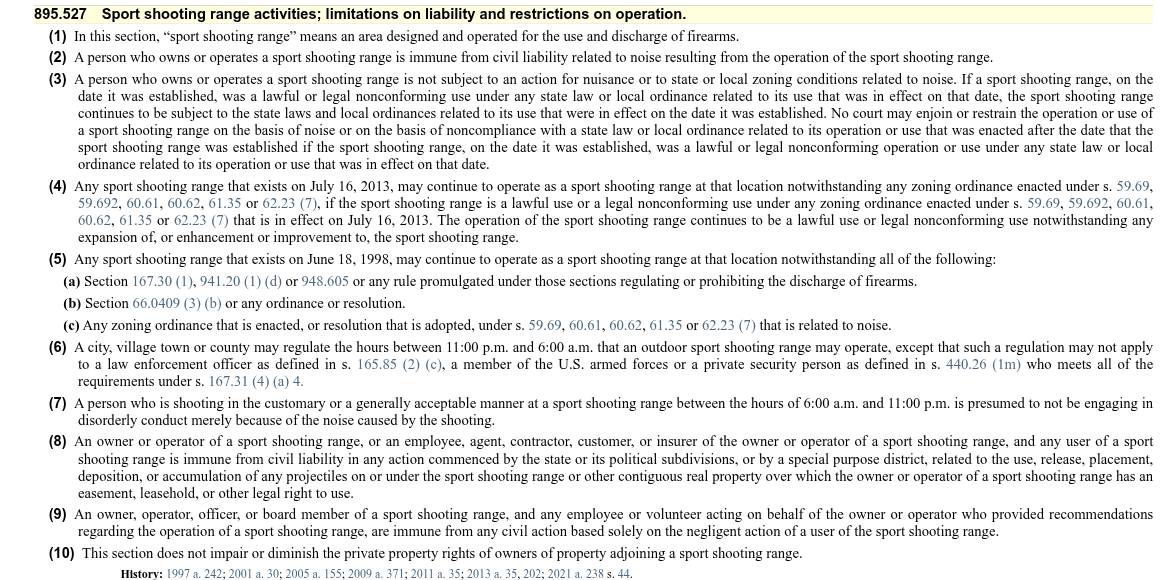 Wisconsin Statute 895.527 showing the firearms-only definition and the immunity subsections