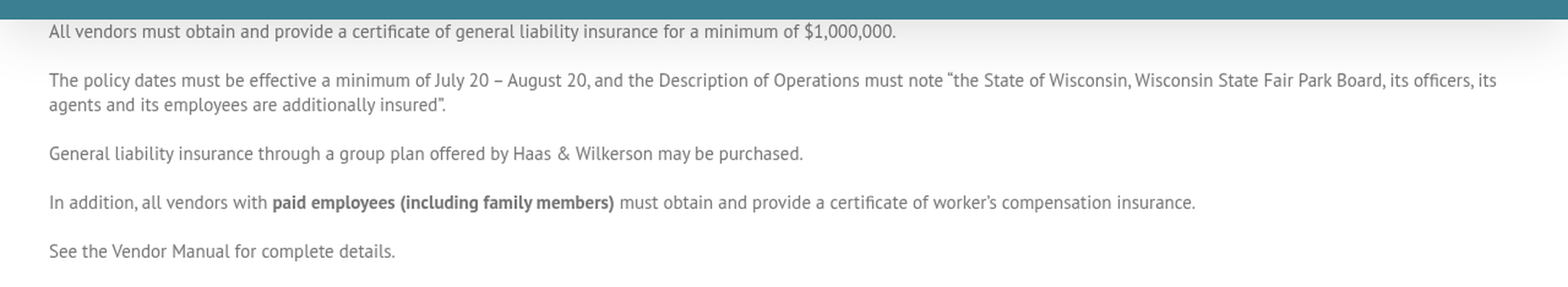 Wisconsin State Fair vendor insurance requirement