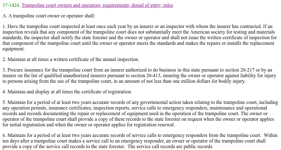 Arizona Revised Statutes section 37-1424 requiring trampoline court inspection by an insurer and liability insurance of not less than one million dollars