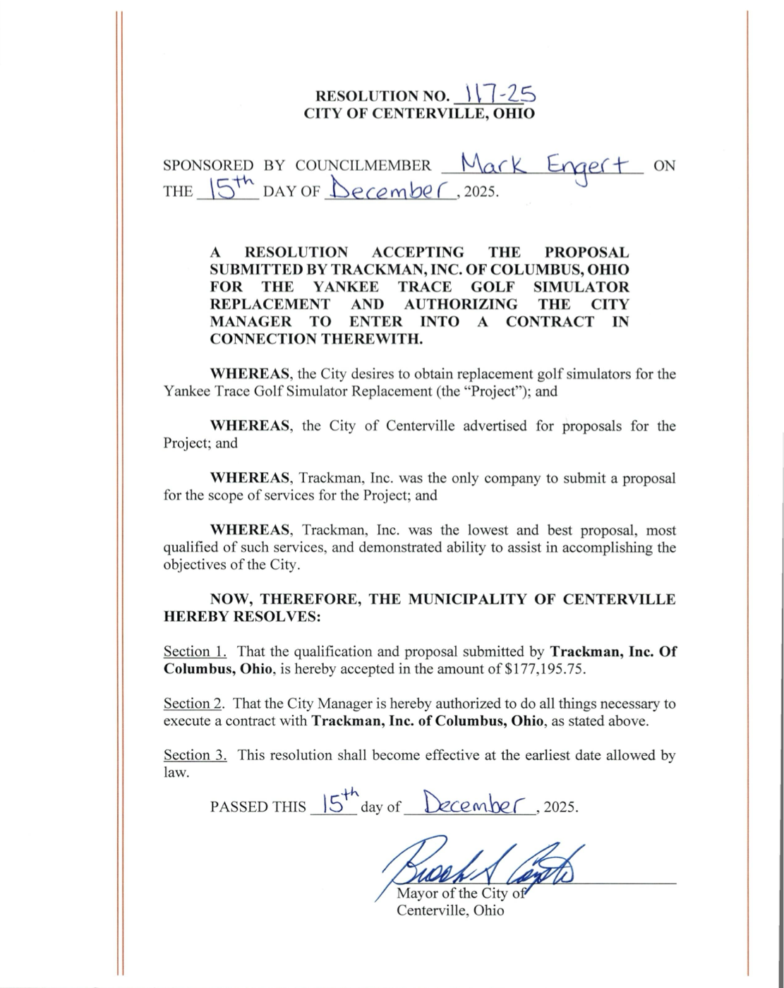 City of Centerville Ohio Resolution 117-25 accepting a proposal of $177,195.75 for golf simulator replacement