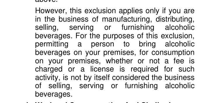 ISO commercial general liability form CG 00 01 04 13, liquor liability exclusion text stating that permitting guests to bring alcohol is not by itself the business of serving alcohol