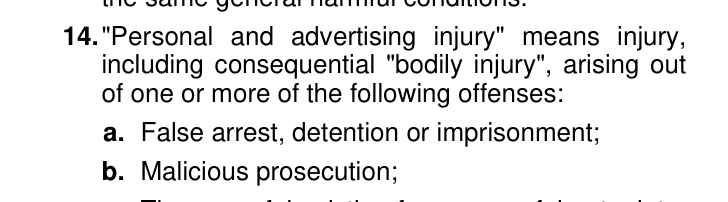 ISO commercial general liability form CG 00 01 04 13, definition of personal and advertising injury listing false arrest, detention or imprisonment