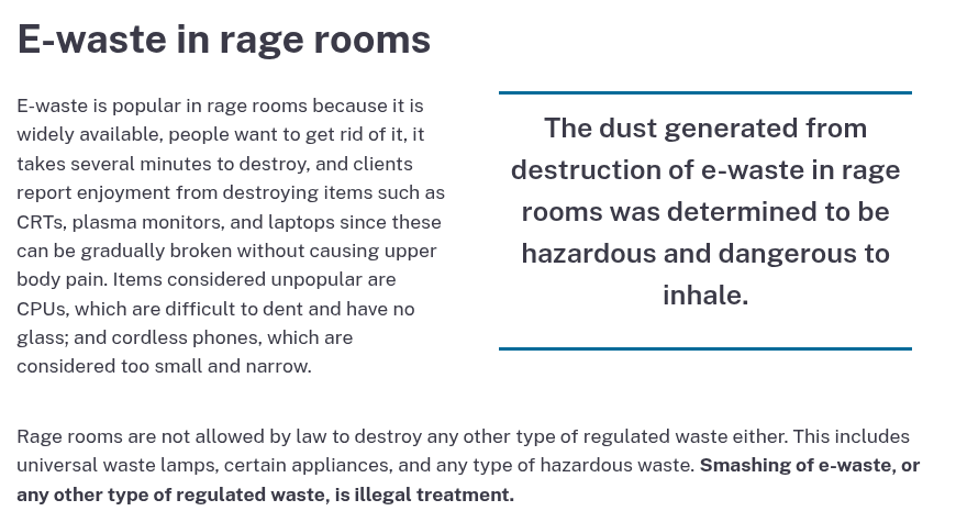 California Department of Toxic Substances Control page on the hazard of electronic waste in rage rooms
