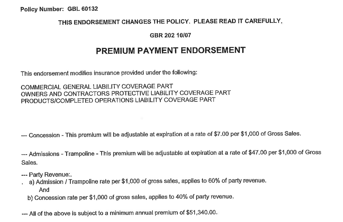 Premium payment endorsement from a Georgia trampoline park liability policy rating trampoline admissions at $47.00 and concessions at $7.00 per $1,000 of gross sales