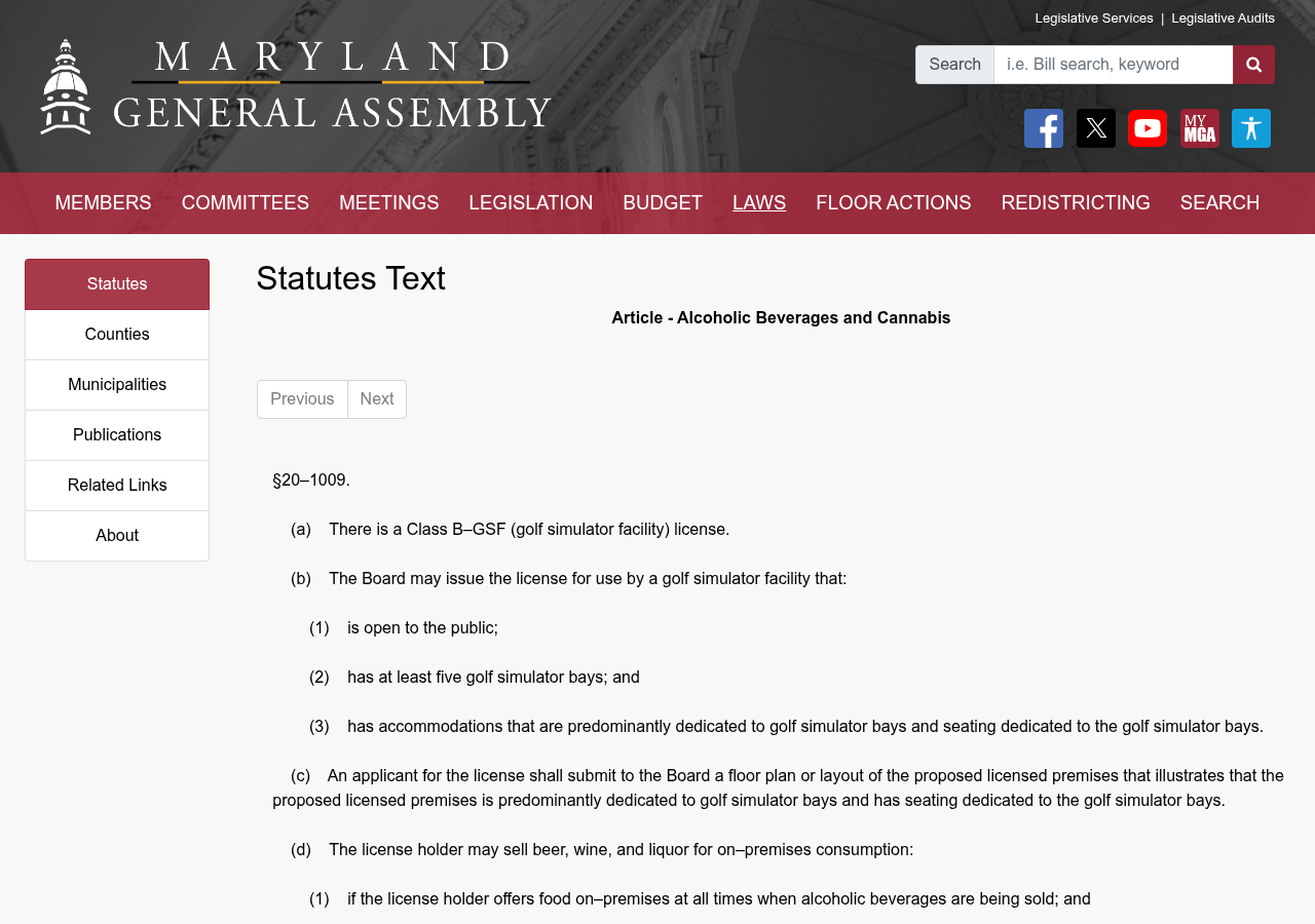 Maryland Alcoholic Beverages and Cannabis Article section 20-1009 creating a golf simulator facility licence class
